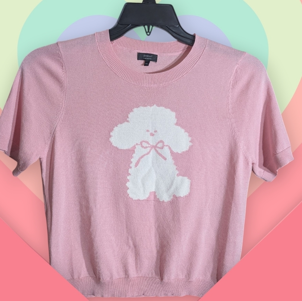 EUC Debut Pink Knit Short Sleeve Poodle Graphic Sweater Top M/L - Picture 4 of 11